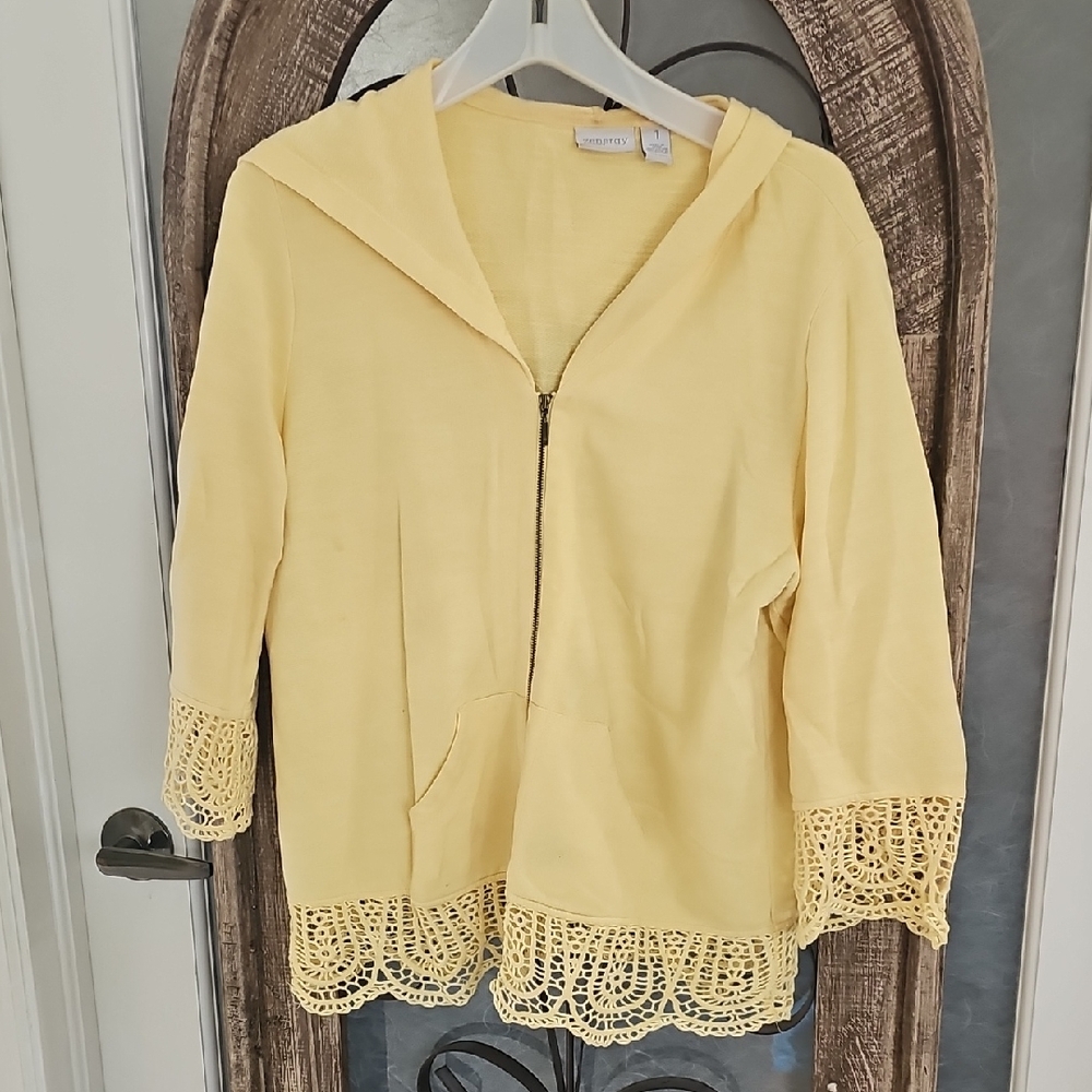 Yellow Hooded Blazer with Lace Trim